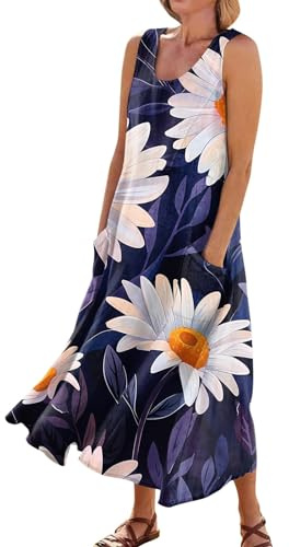 Femme Robe Longue Imprimé Floral Maxi Robe Bohème avec Poches sans Manches Grande Taille Pas Cher Chic éLégant Robe Fluide Tailles S à 3XL
