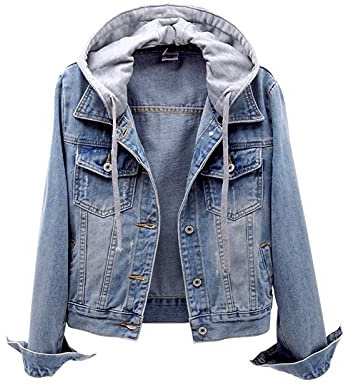 Veste en jean pour femme avec capuche amovible - Vestes en jean pour femme - Manches longues - Distressed avec poches - Fermeture à boutons - Veste de transition - Sweat à capuche - Fille -