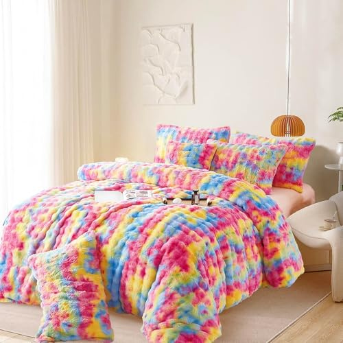 Gezu Housse de Couette Hiver 200x200cm arc-en-ciel Parure de Lit en Fausse Fourrure de Lapin Super Douce Flanelle Velours Chaude Linge de Lit Luxueuse avec 2 Taies d'oreiller 65x65 et Fermeture Éclair