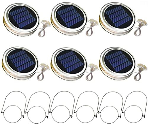 Porgeel 6PCS Mason Jar Solar Light Lids Only with 2m String Lights Handle 20 LEDs Hanging Lantern Lamp for Garden Decoration Warm Light