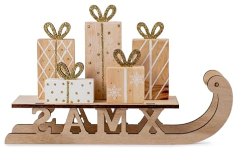 ETC dekorativer ausgefallener Deko-Schlitten Nikolausschlitten mit Geschenken Holz Natur mit weißer Bemalung und Goldglitzer in verschiedenen Größen (mittel)