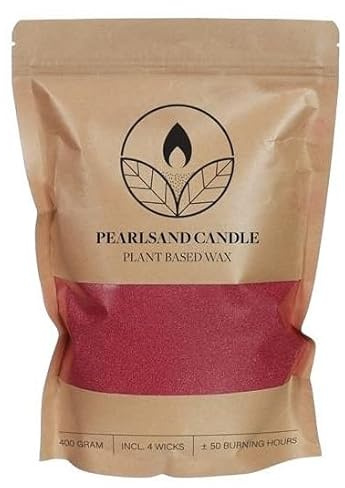 Kerzensand, Kerzensand mit docht, Wachspellen, Kerzen-Set 400 g Kerzenwachsperlen + 4 Baumwolldochte (rot)