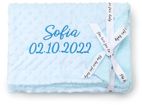 SIMYJOY Baby Decke Personalisiert Babydecke mit Namen Personalisierte Decke mit Gesticktem Namen Geschenk Personalisiert für Junge Mädchen Blau