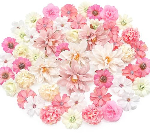 MOTONG 50 Stück Stück Kunstblumen zum Basteln Rosa Künstlich Blütenköpfe, Weiß Künstliche Blumen Seidenblumen for Home Decor Brautstrauß Blumen Deko Kunstblumen Hochzeitsdeko Tisch Party Valentinstag
