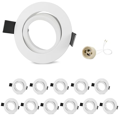 GeyouLux 12er Einbaustrahler GU10 Rahmen Weiß, schwenkbar, Lochmaß 68-75mm | Aluminium Einbaurahmen, Ø83mm rund flach, seidenmatt Weiß, mit 230V GU10 Fassung, bis 50W, für innen, ohne Leuchtmittel
