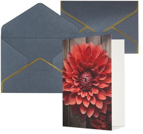 KKLWEGU Grußkarte mit roter Dahlie, mit Umschlägen, Aufschrift Thinking of You, Happy Birthday, Hochzeitseinladung, leere Notizkarten für alle Anlässe, 10 x 15 cm