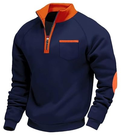 Aulemen Herren Sweatshirt Ohne Kapuze Half Zip Pullover Warm Sweatjacke | Arbeitspullover Herren mit Stehkragen,Flecee Warm,1/4 Reißverschluss,Brusttasche,Zweifarbiges,Ideale für Herbst-Winter Basic