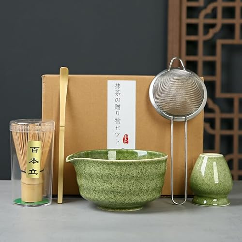 Generisch Traditionelle Matcha Tee Zeremonie Set, 5 Stück mit Matcha Schale, Sieb, Grün
