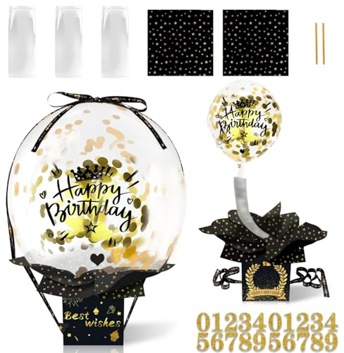 Geldgeschenke Geburtstag Überraschungsbox 2025 60PCS Schwarz Gold Ballon Pull Up Box DIY Geschenkverpackung mit Mystery Effekt für Familie Kinder Frauen Geburtstagsfeier