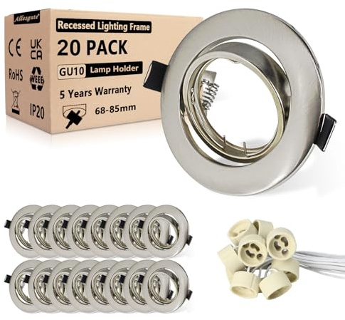 Allesgute 20er Einbaustrahler GU10 Einbaurahmen 360°Schwenkbar Edelstahl Gebürstet Einbauleuchten Rahmen 68mm LED Spots 230V Inkl. GU10 Fassung für LED oder Halogen Leuchtmittel