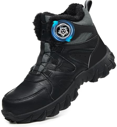 COOU Winter Safety Boots Womens Warm Fur Lined Work Boots Non Slip Lightweight Steel Toe Cap Boots Comfortable with Swivel Buckle Shoelaces Black