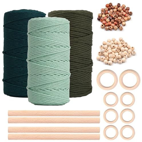 Makramégarn, 3 mm x 100 m makramégarn, set med 3 makramégarn, bomull pysselsnöre, med 120 träpärlor, 8 träringar, 4 runda stavar, blad vägghängande set, makramé, vägghängande drömfångare, för
