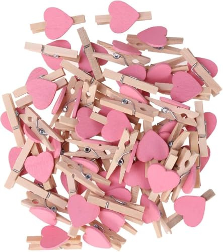 50 Pcs Pink Mini Heart Wooden Clips Clothespins Photo Paper Peg Pin Craft Decoration Clips, Clothes Pins, Laundry Storage and Organization