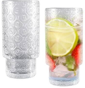 Henrrida 310ml Drinking Glasses Set of 2 Glass Tumblers,Retro Embossed Iced Coffee Cups, Glass Drinking Cups are Used for Juice, Cocktail Glasses, Iced Latte, Whiskey, Juice, Matcha Mixed Drinks