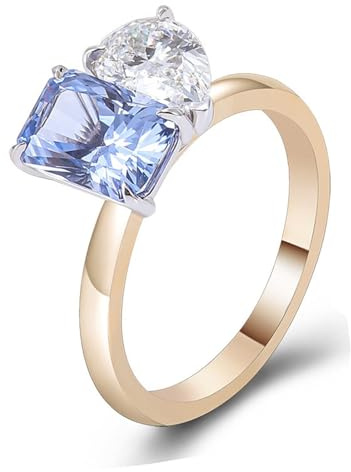 Wycian Ring Blau Damen Heiratsantrag Ring Gold Gelb 14 Karat Gold Moissanit; Im Labor Hergestellter Heller Saphir Wassertropfenquadrat Größe 54 (17.2) Elegant für Schwester Neujahr Gravur