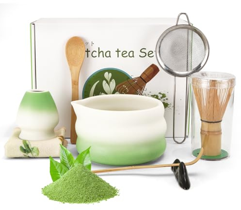 OneChois Farbverlauf Matcha Set，Matcha Tee Set，Matcha Besen，Macha Schale，Matcha Whisk halter, Schaufel, Sieb, Geschirrhandtuch-8 Stück Matcha Kit, Matcha Latte, Matcha-Kuchen，ohne pulver，Bambusgrün