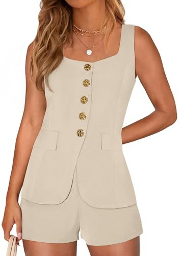 PRETTYGARDEN Womens Button Down 2 Piece Matching Sets,Beige,M