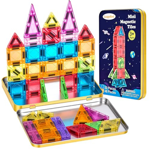 Leagoera Mini Magnetische Bausteine Reiseset Spielzeug ab 3 4 5 6 7 Jahre: Tragbares 48 Teile Magnetische Tiles mit Metallbox Magnetbausteine Magnetspielzeug Magnete Reisespielzeug für Kinder Geschenk