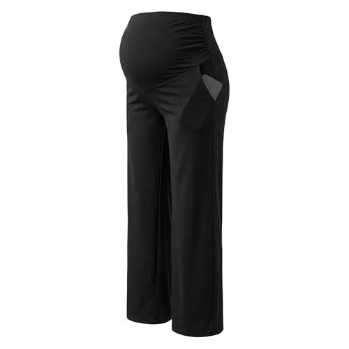 Zidoley Pantalon de maternité à Jambes Larges pour Femme, Pantalon Confortable pour se détendre, Pantalon Palazzo Doux avec Poches (Coupe Droite, XL, Noir)