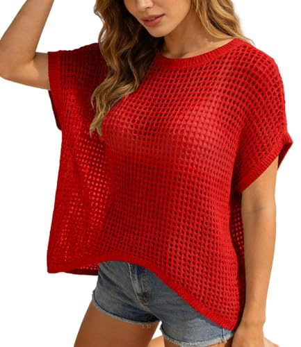 Camicia Donna Top All'Uncinetto Da Donna Maglione Lavorato A Maglia A Maniche Corte Con Spalle Scoperte Pullover Oversize Traforato Copricostume Estivo Leggero Da Spiaggia Maglione Comoda T-Shirt