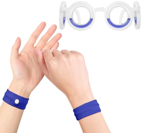 Kit de 2 Piezas Antimareo: Gafas Antimareo y Pulseras de Acupresión para Alivio de Náuseas y Mareo por Movimiento en Coche, Barco y Avión, Solución Física para Niños y Adultos, Azul