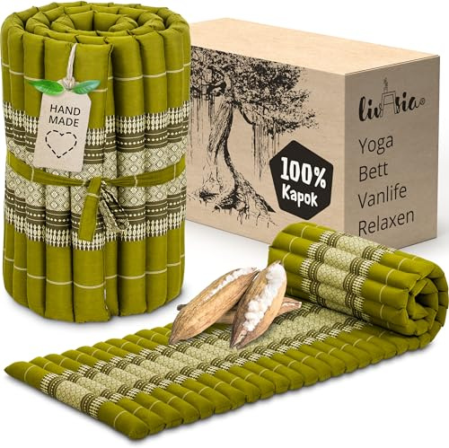 livasia Rollmatte Rollmatratze S schmal - 200x50x4,5cm - Gästebett Gästematratze 1 Person mit Muster, Reisebett Kofferraum Outdoor, Thaimatte Kapok für Garten Balkon handgefertigt (Grün)