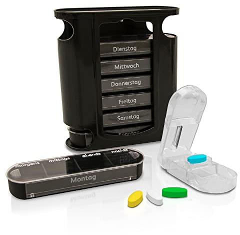 Nestor&Gamble Tablettenbox 7 Tage 4 Fächer inkl. Tablettenteiler für kleine Pillen und große Pillen - Hochwertige Pillendose 7 Tage morgens mittags abends nachts - Medikamentenbox mit Tablettencutter