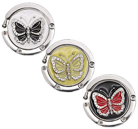 iwobi 3 Stück Taschenhalter für Tisch, Handtaschenhalter Haken Antirutsch, Halterung Handtaschen Schmetterlingsmuster, Handbag Butler Geschenk für Frauen Mädchen (Weiß+Gelb+Schwarz)