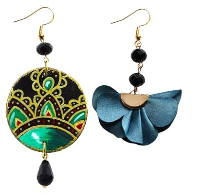 Orecchini dipinti a mano – DECORAZIONE CERAMICA DI VIETRI E FIORE - Pendenti da donna, Gioielli in legno dipinto, Gancio in argento, Made in Italy, Bijoux da donna decorati, Lavorazione Artigianale