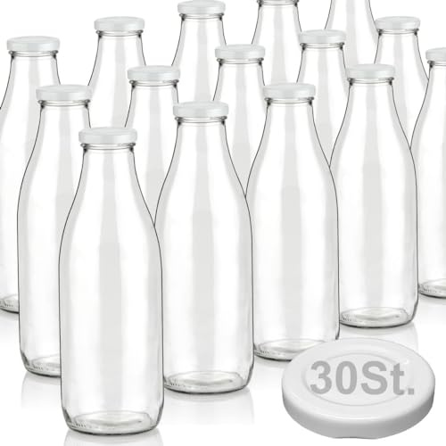 Geniess-Bar! 15 Milchflaschen 1 Liter mit Deckel & Ersatzdeckel 1L Glasflaschen erhältlich mit 2/4/6/9/12/15 Saftflaschen 1000ml Flaschen Weithalsflaschen leer mit Schraubdeckel Vorratsglas
