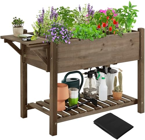 Yaheetech Fioriera/Aiuola Rialzata Orto Balcone da Esterno Giardino Alta in Legno Naturale Lettino per Piante Giardino con Ripiano Pieghevole e Griglia 8 Scompatimenti 123,5 x 54 x 80 cm