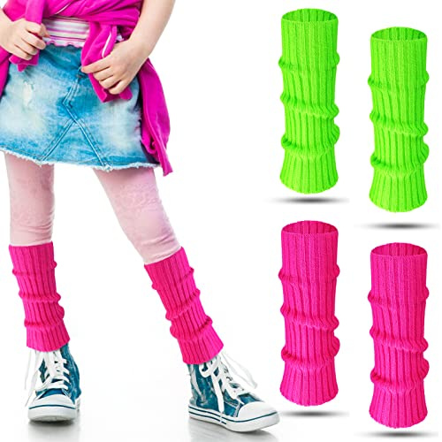 Loopeer 2 Pairs 80s Neon Leg Warmers for Girls Toddler Knit Ribbed Leg Socks for 1980s Party Cosplay Costume Accessory(11.02 x 2.76 In,Rose Red, Fruit Green)
