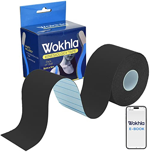 Wokhla Black Kinesiology Tapes Waterproof - Latex Free Muscle & Physio Tape 5M Roll, Strong Grip Medicated Glue Sports Tape Strapping for Ankle, Knee & Shoulder-Includes E-Manual with Instructions