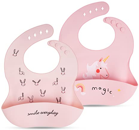 Vicloon Silikon Baby Lätzchen, 2 Stück Baby Lätzchen mit Auffangschale, BPA Frei, Einfache Reinigung, Wasserdicht Silikon-lätzchen für Jungen Mädchen, Kaninchen-Einhorn（Rosa）