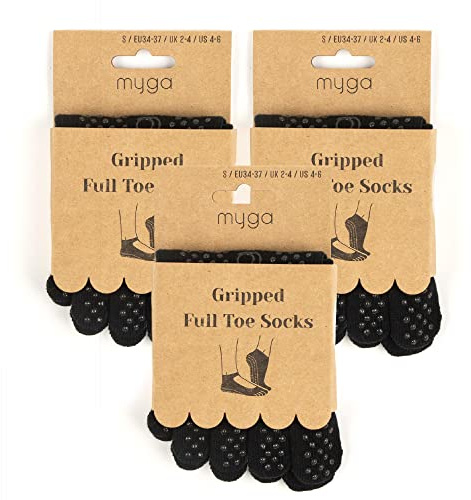 Myga Toe Socks - 3 Pairs of Non Slip Grip Socks for Yoga, Pilates, Fitness, Dance & Sports with Gel Soles for Barefoot Workouts - Ideal for Home, Gym & Studio - 3 PACK, Large