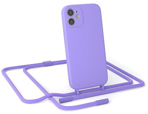 EAZY CASE - Handykette kompatibel mit iPhone 12 Mini - dünne Handyhülle Hülle mit Band als Fallschutz Kette zum Umhängen stoßeste Hülle Silikon mit Mikrofaser in Lavendel Lila