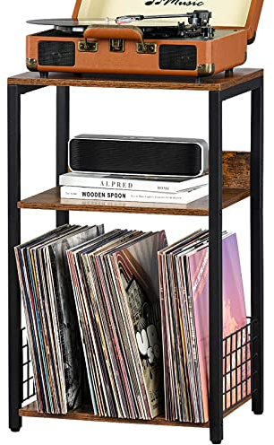 LELELINKY 3-Tier-Endtisch, Plattenspieler-Stand mit Lagerung bis zu 100 Alben, Plattenspieler-Stand für Vinyl, Brown Records Regal für Wohnzimmer Schlafzimmer