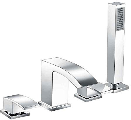 Faul Chrome Plated Deck Mounted 4 Hole Bath Filler Tap with Handheld Shower Wand Hot Cold Mixer Faucet Bathtub Shower Head Attachment for Bathroom
