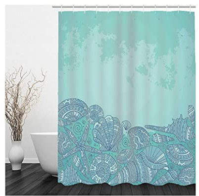 Whoiy Duschvorhang Waschbar Grün, Duschrollo Um Die Ecke 165X200cm Polyester Badegardinen Seestern Muschel Wasserdicht