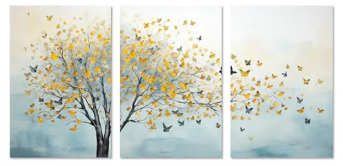 ZXHYWYM Großer Baum Leinwandbilder 3 teilig bunter Schmetterling auf Baum Bilddrucke abstrakte Gemälde für moderne Wohnzimmer Schlafzimmer Dekoration (Bild-1, (40.00 x 60.00 cms x 3 Teilig))