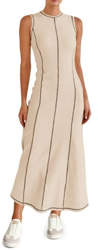Wenrine Vestido sin Mangas para Mujer, Vestido Largo de Punto Acanalado de Punto de Contraste de Verano, Skin Tone, M