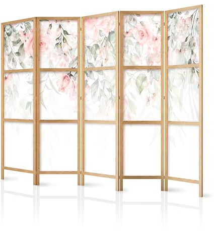 murando - Paravent Raumteiler Holz Botanik Abstrakt, 225x172 cm, 5-teilig | Mobiler Sichtschutz, sofort einsatzbereit, Holzrahmen, ideal fürs Wohnzimmer oder Büro, geruchsneutral, lichtbeständig