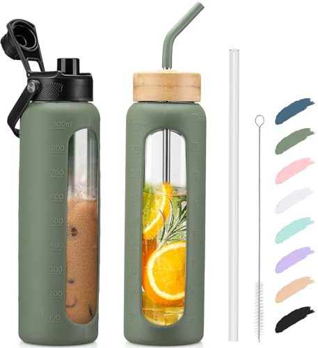 Kodrine 32oz Glass Water Bottle with Straw, Glass Drinking Bottle with 2 lids-Bamboo and Spout Lid, Leakproof Daily Water Intake Bottle with Time Marker for Home,Outdoor Sports, BPA free, Olive