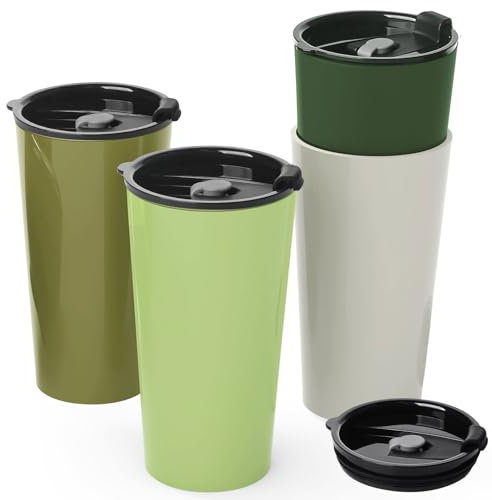 Greentainer Travel Mugs with Lids, Plastic Large Unbreakable Coffee Cups, 600ml Reusable to Go Camping Coffee Tumbler for Cold Water, Beer, Milk, Dishwasher & Microwave Safe, Set of 4