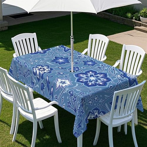 Highdi Tischdecke mit Loch für Sonnenschirm - Abwaschbar Rechteckig mit Reißverschluss, Outdoor Gartentisch, Klassisch (213x152cm)