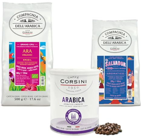 Caffè Corsini - Set Café en Grains Équilibré Symphonie de Saveurs, 100% Arabica, 500g + 2x250g, 1kg Total