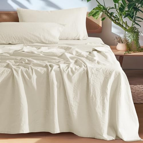 SONORO KATE 100% French Pure Linen Sheets, Breathable and Durable Linen King Size Sheets, Anti-Tear Linen Bed Sheets, Machine Washable, 16 Inch Deep Pocket - 4 Piece (Cream, King)