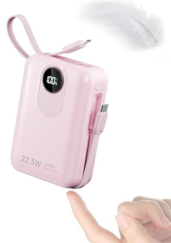 20000mAh Power Bank con Cable Incorporado: Batería Externa de Carga rápida de 22.5 W para teléfono móvil, Battery Pack USB C (Entrada y Salida), Cargador portátil con 4 Salidas y 2 entradas-Rosado