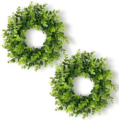DDHS 11 Inch Artificial Boxwood Small Wreath for Front Doors, 2 Packs Green Leaves Wreath, Spring Summer Mini Wreaths for Indoor Outdoor Hanging Wall Window Wedding Home Decor Party Farmhouse