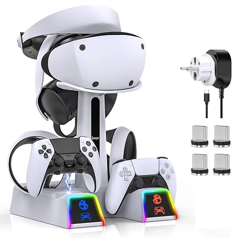 RGB Ladestation für PSVR2/ PS5 Edge/ PS5 Controller mit AC Adapter und US to EU Adapter, Vertikaler Ständer Zubehör für PS5VR2 Headset und Dualsense Controller + VR2 Ladestation + 10 RGB-Licht